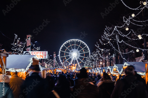 Christmas Market in Brussels with Ferris Wheel in Background