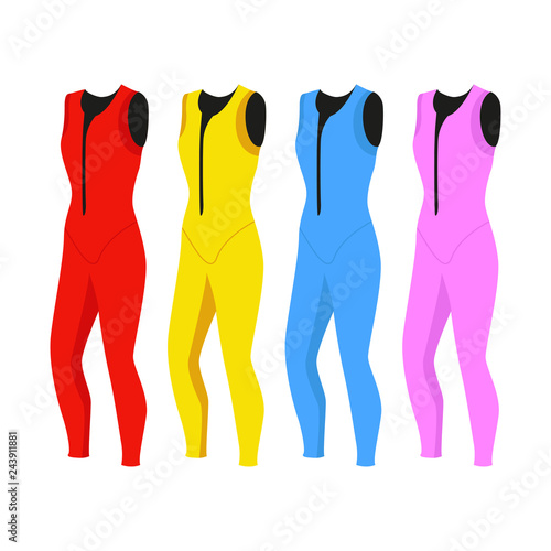 Set of womens wetsuits. Water suit. Set of colorful swimming suits. Vector illustration. White background. EPS 10.