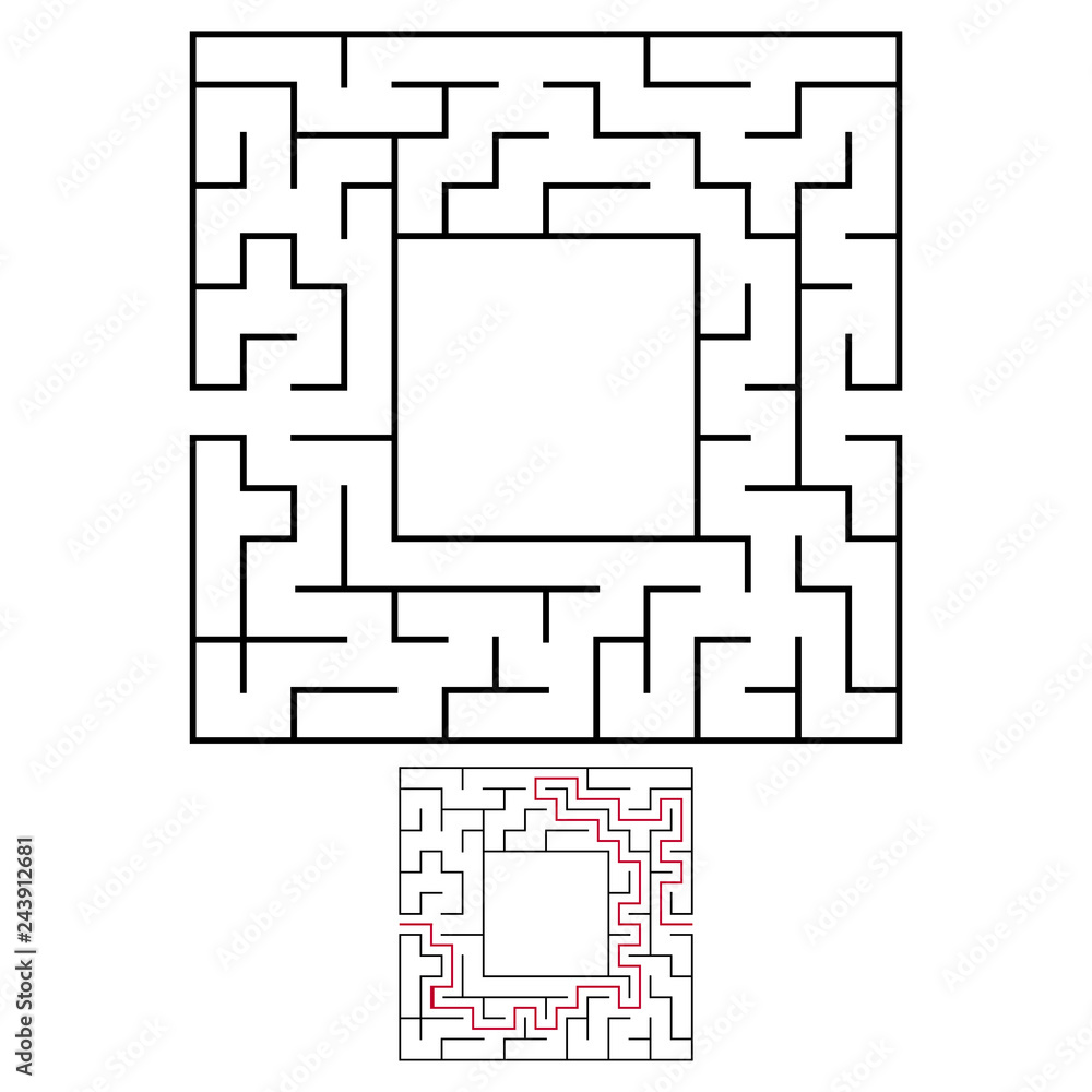 Black square maze with entrance and exit. An interesting and useful game for children. Simple flat vector illustration isolated on white background. With a place for your drawings. With the answer. Black square maze with entrance and exit. An interesting and useful game for children. Simple flat vector illustration isolated on white background. With a place for your drawings. With the answer.