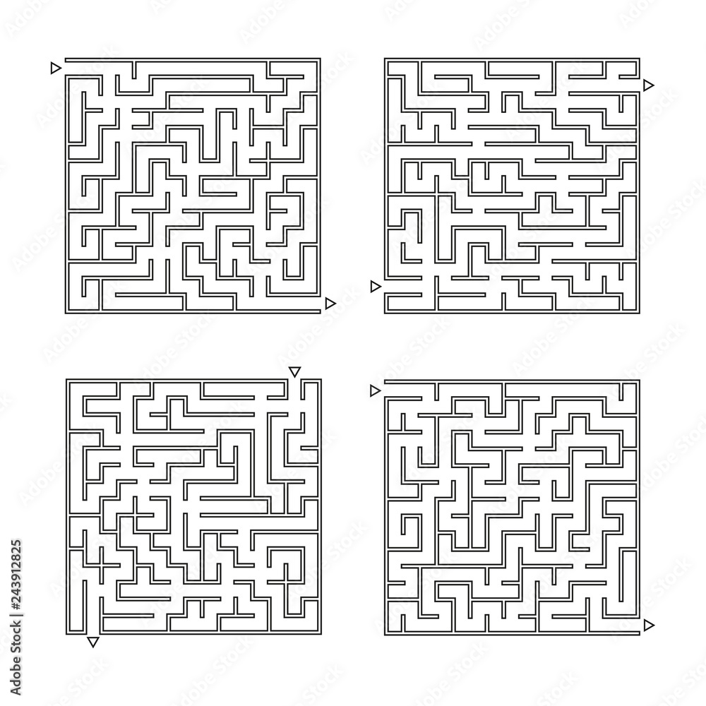 A set of square mazes. Game for kids. Puzzle for children. Labyrinth conundrum. Flat vector illustration isolated on white background. A set of square mazes. Game for kids. Puzzle for children. Labyrinth conundrum. Flat vector illustration isolated on white background.