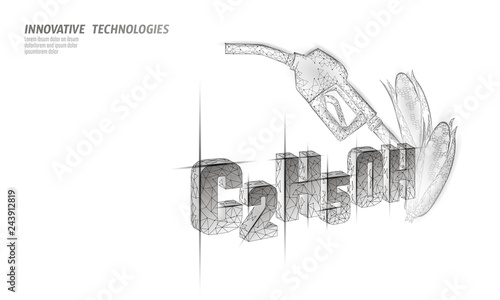 Ethanol formula corn biofuel gun. Ecology science C2H5OH chemistry biotechnology eco concept. Renewable biorefinery organic gas 3D render polygonal innovation technology vector illustration