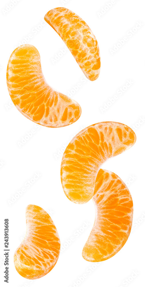 Isolated falling orange segments. Five peeled pieces of orange or tangerine fruit in the air isolated on white background with clipping path Isolated falling orange segments. Five peeled pieces of orange or tangerine fruit in the air isolated on white background with clipping path