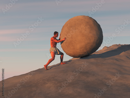Hombre empujando una gran piedra