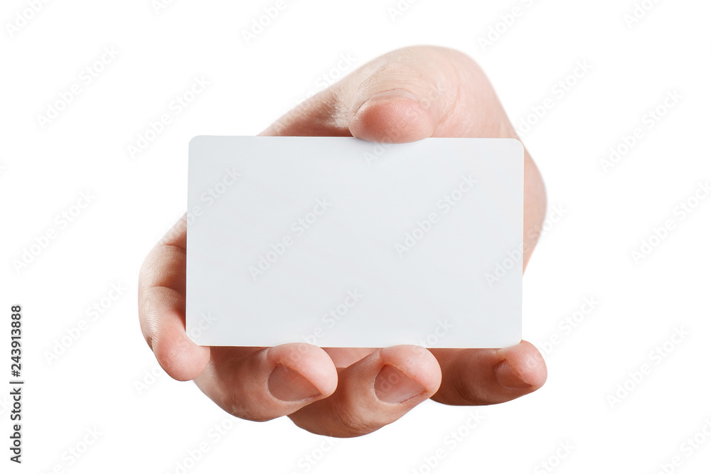 Hand with white card, isolated on white background Hand with white card, isolated on white background