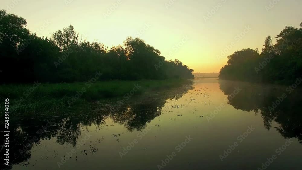 aerial view of river at sunrise, fly over morning mist on the river, Aerial view of mystical river at sunrise with fog, sun above the river aerial aerial view of river at sunrise, fly over morning mist on the river, Aerial view of mystical river at sunrise with fog, sun above the river aerial