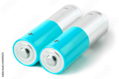 Blue AA batteries, isolated on white background
