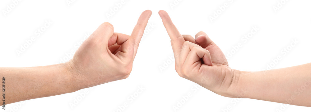 Hands showing rude gestures, isolated on white background Hands showing rude gestures, isolated on white background
