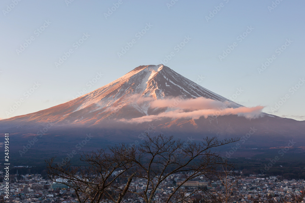 closeup view of Fuji mountain with sunlight of sunrise in the morning scene in Japan