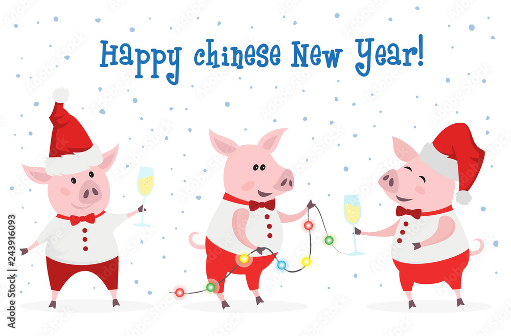 Fototapeta premium Cute pigs with champagne and garland.