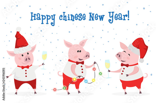 Cute pigs with champagne and garland.