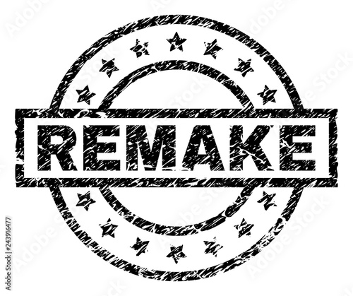 REMAKE stamp seal watermark with distress style. Designed with rectangle, circles and stars. Black vector rubber print of REMAKE caption with dirty texture.