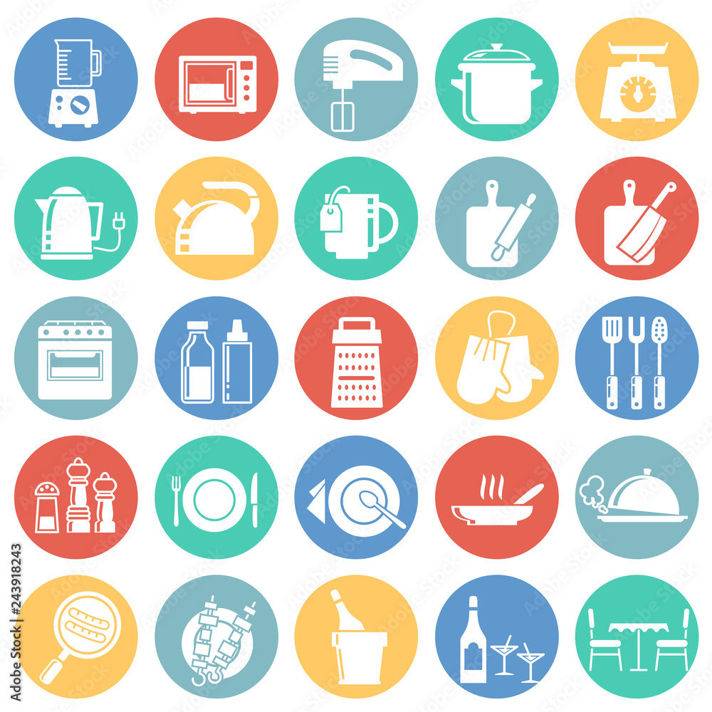 Kitchen icons set on color circles white background for graphic and web design, Modern simple vector sign. Internet concept. Trendy symbol for website design web button or mobile app Kitchen icons set on color circles white background for graphic and web design, Modern simple vector sign. Internet concept. Trendy symbol for website design web button or mobile app
