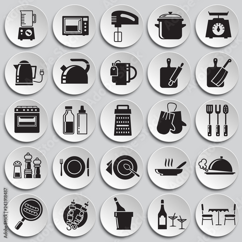 Kitchen icons set on plates background for graphic and web design, Modern simple vector sign. Internet concept. Trendy symbol for website design web button or mobile app