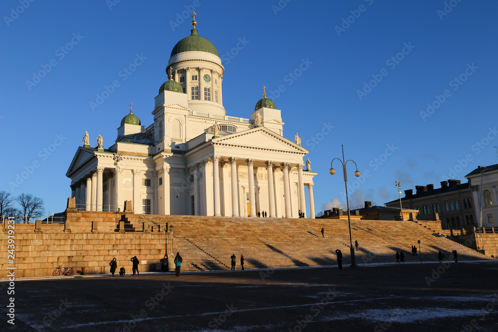 View on Helsinki main Cathedral St Nicholas' Church sunny day with clear blue sky