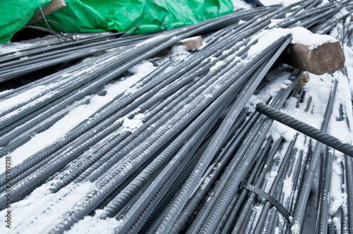 Brand new armature. Laid reinforcement. Rebar preparation work. Close-up. The organization of storage of materials on a building site.
