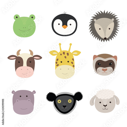 Canvas Print Set of cute funny animals frog, sheep, cow, giraffe, weasel, hippo, hedgehog, penguin, indri