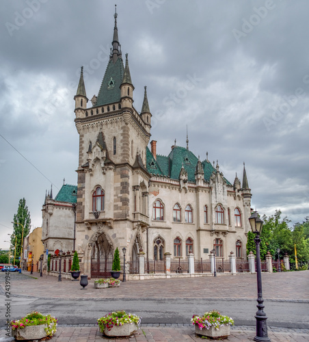 Jakab Palace - Historic Monument in Kosice, Slovakia. Very beautiful, ancient, ancient building in the style of the guitar. The building is like a fairy tale on this panorama with cloudy sky and thund