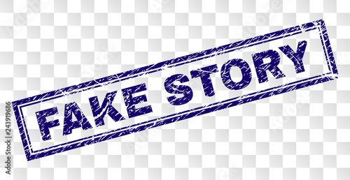 FAKE STORY stamp seal print with rubber print style and double framed rectangle shape. Stamp is placed on a transparent background. Blue vector rubber print of FAKE STORY label with unclean texture.