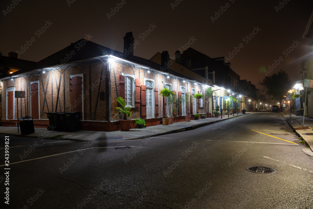 New Orleans, Louisiana, United States - November 7, 2018: Urban Streets in the French Quarter in the Downtown City during the night.