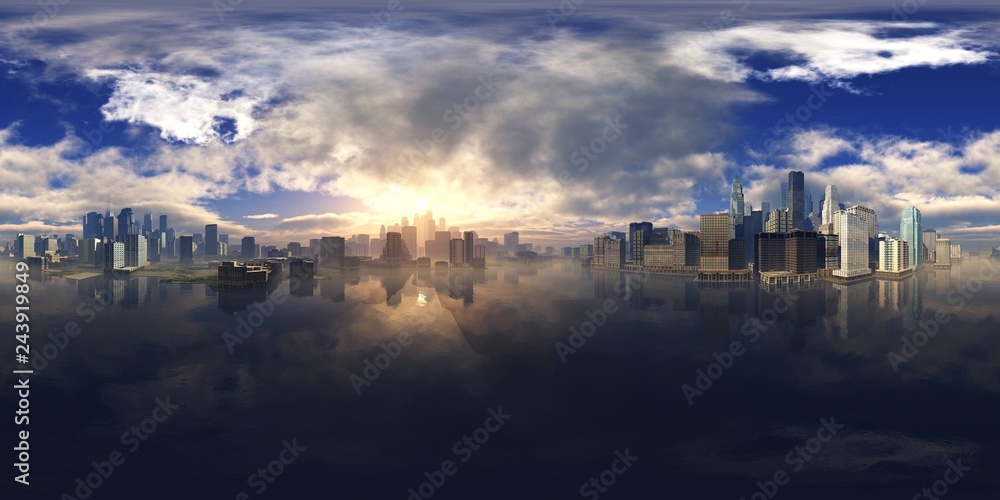 HDRI, environment map , Round panorama, spherical panorama, equidistant projection, panorama 360, Modern city at sunrise in the fog over the water, skyscrapers at sunset over the water
