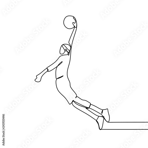 Basketball player during match game, he slam dunk a ball. Continuous single line drawing vector illustration. Lineart sport theme design minimalist minimalism style.