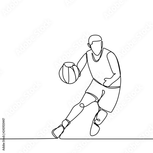 Basketball player during match game, he dribbling a ball. Continuous single line drawing vector illustration. Lineart sport theme design minimalist minimalism style.