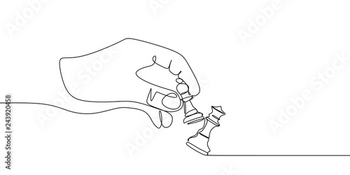 Pawn and queen chess pieces are drawn by one black line on a white background. Continuous line drawing. Vector illustration.