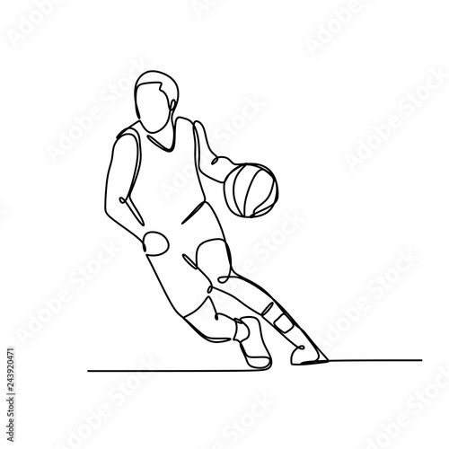 One single drawn continuous line boy playing basketball hand-drawn picture silhouette. Line art.