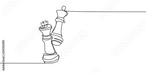 Chess game concept of queen versus king. Continuous one line drawing vector illustration.
