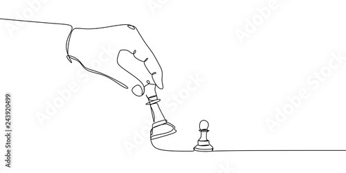 Pawn and bishop or queen chess pieces are drawn by one black line on a white background. Continuous line drawing. Vector illustration.