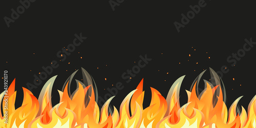 Bonfire night seamless pattern border. Cartoon flame isolated. Vector burning campfire. Midsummer fire festival flaming sign template. Fireplace in summer party banner, flyer background illustration