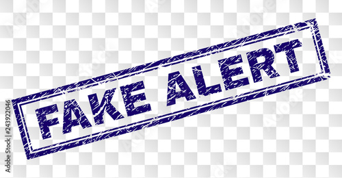 FAKE ALERT stamp seal watermark with grunge style and double framed rectangle shape. Stamp is placed on a transparent background. Blue vector rubber print of FAKE ALERT caption with grunge texture.