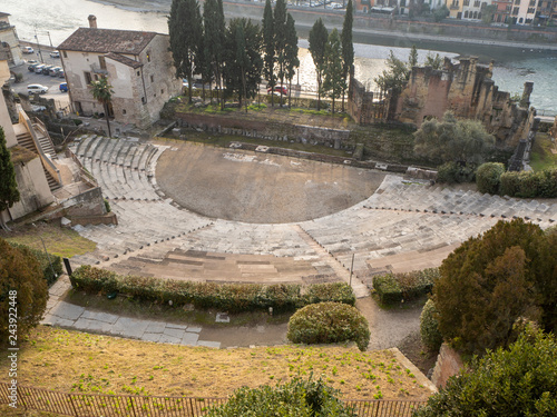 Verona, Italy. The Roman theatre of Verona is an ancient Roman theatre in the city center along the river Adige