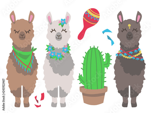 Cute colorful cartoon lama or alpaca with cactus and mexican rumba shaker graphic design vector illustration set 