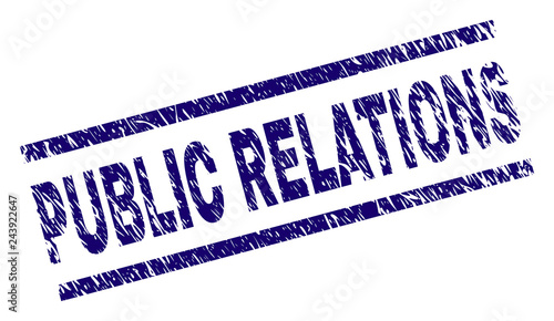 PUBLIC RELATIONS seal print with grunge style. Blue vector rubber print of PUBLIC RELATIONS text with unclean texture. Text tag is placed between parallel lines.