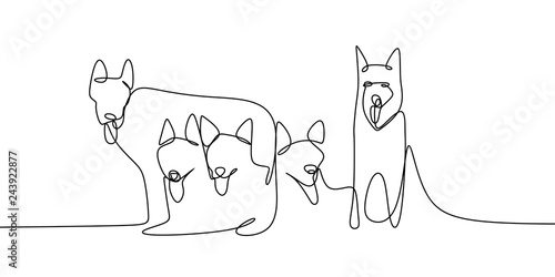 Dog family continuous line drawing vector illustration.