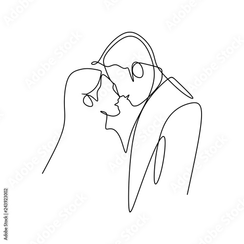 Couple want to kiss each other. Concept of a couple falling in love and shows their emotions. Good for Valentine banner with one continuous line art drawing vector illustration minimalism style.