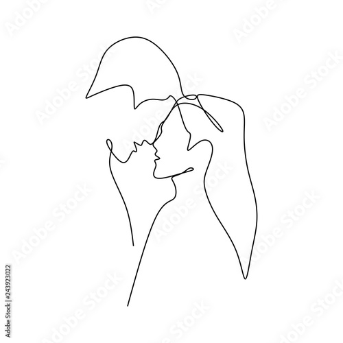 Couple want to kiss each other. Concept of a couple falling in love and shows their emotions. Good for Valentine banner with one continuous line art drawing vector illustration minimalism style.