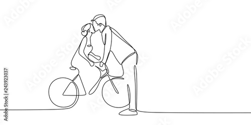 Continuous line drawing of cute romantic couple kissing on bike with love vector illustration.