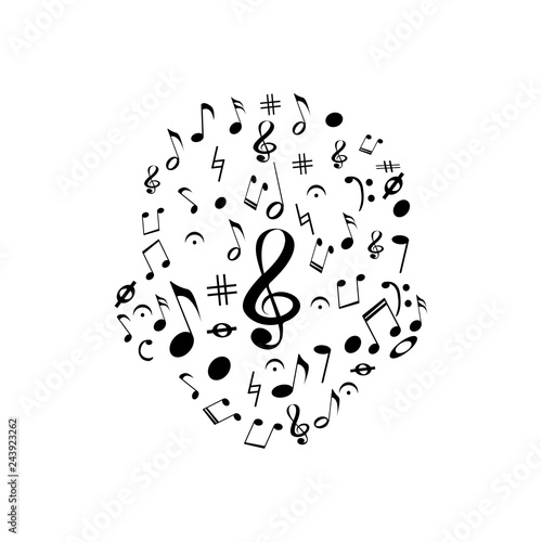 Design of the head with black music notes