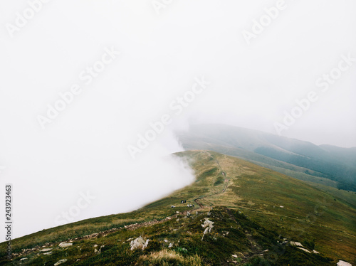 Foggy trail somewhere in the clouds. Carpathian mountains, Ukraine
