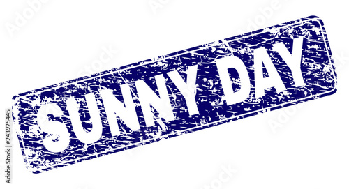 SUNNY DAY stamp seal print with distress texture. Seal shape is a rounded rectangle with frame. Blue vector rubber print of SUNNY DAY label with unclean texture.