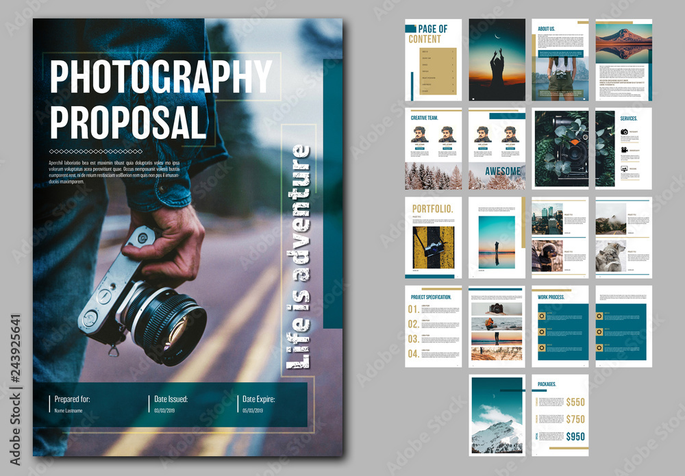 Photography Proposal Layout with Blue and Gold Accents Stock Template