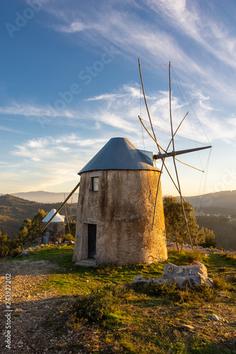 Landscape of Old Historical Stone Windmill, Moinhos de Gavinhos, in Central Portugal at Sunset