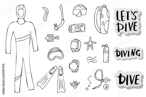 Scuba diving set of elements  and equipment.