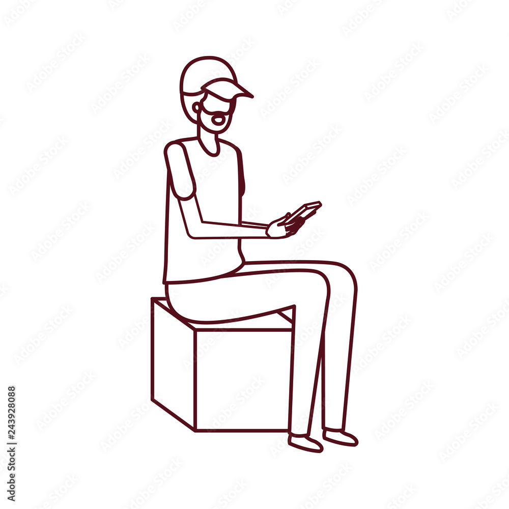 man sitting with smartphone avatar character