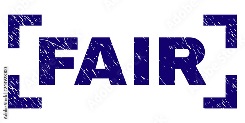 FAIR text seal print with grunge texture. Text caption is placed between corners. Blue vector rubber print of FAIR with grunge texture.