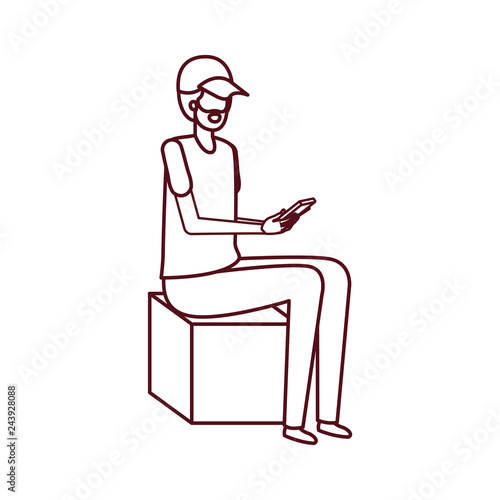 man sitting with smartphone avatar character