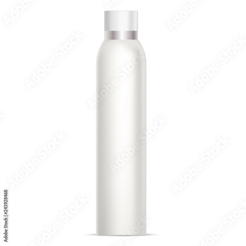 Hair Protection Spray Bottle. Aluminum Cosmetic Tin Mockup Isolated. Glossy White Metallic Cylinder Packaging for Hairspray, Cream, Odor, Toilet Perfume. Metal Tube Mock Up. Refresher Canister.