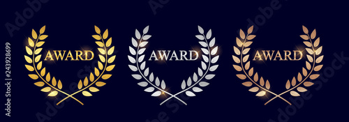 Golden, silver and bronze Award Laurel Wreath isolated on dark background . W...
